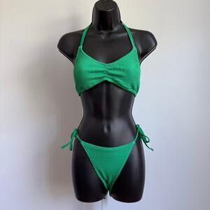 Aerie sz‎ L top M bottom Green Ribbed Drawstring Bikini Set Adjustable Tie Swim